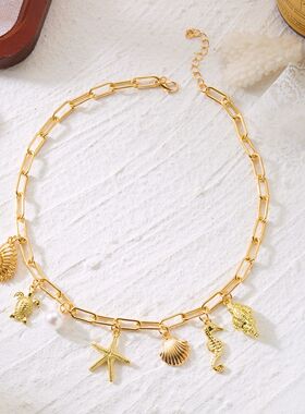 Boho Starfish Scallops Pendant Necklace for Women Ocean Seah