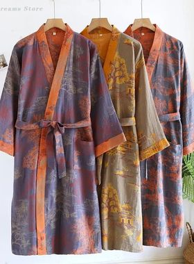 Men's Cotton Kimono Bathrobe Gown Yukata Haori Retro Print F