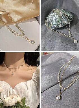 Double Layer Imitation Pearl Choker Necklace for Women, Gold