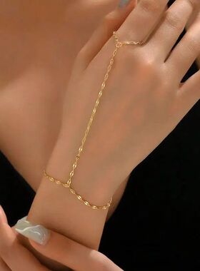 Vintage Gold Color Thin Hand Chain Ring Bracelet for Women S