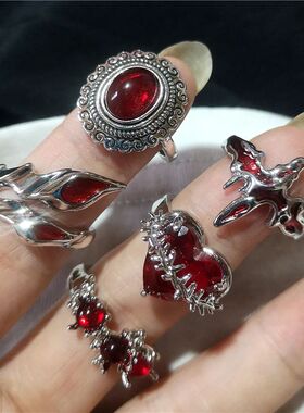 Y2K Red Crystal Heart Cross Irregular Geometry Open Rings Fo