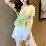 Корсет, шифоновая короткая летняя рубашка, на шнурках, квадратный вырез, короткий рукав