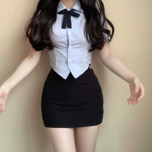 Корейская рубашка, юбка, корсет, нарукавники, комплект, с акцентом на бедрах