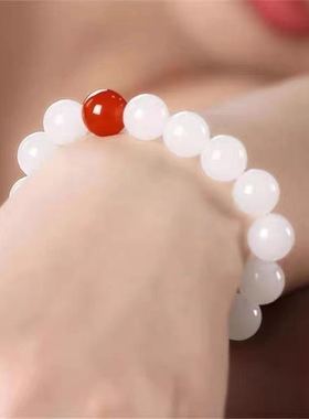 新疆和田玉手串女羊脂白玉南红配珠白玉手链天然玉石圆珠手链