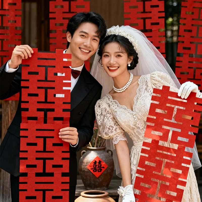 结婚晨袍拍照道具婚礼接亲游戏新娘领证拍摄小对联灯笼晨拍跟拍