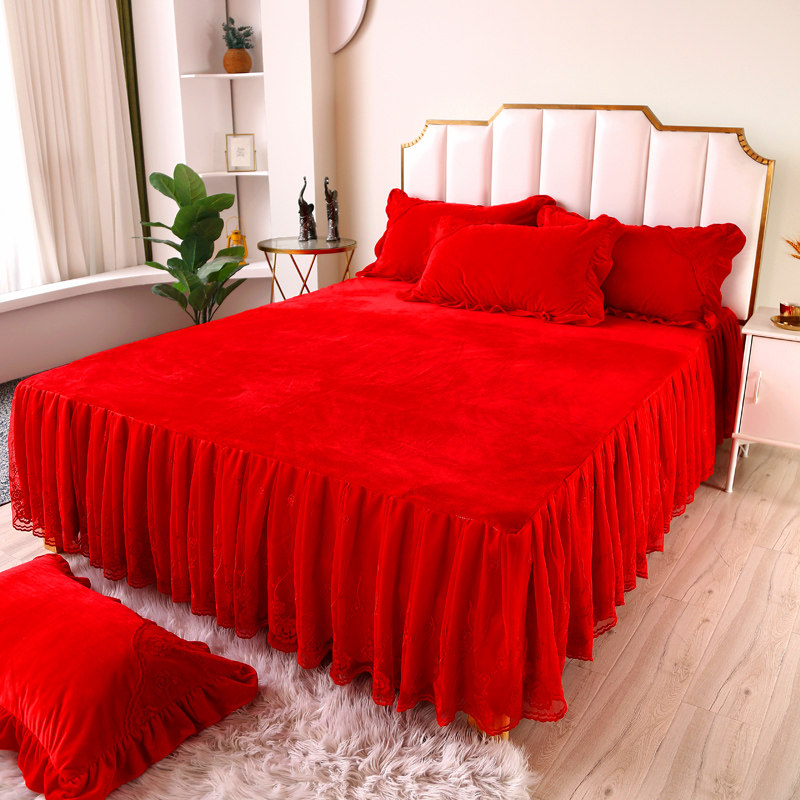 冬季红色结婚婴儿绒牛奶绒床裙款四件套珊瑚绒绒婚庆乔迁床上用品,淘宝优惠券,粉丝福利购,淘宝优惠卷