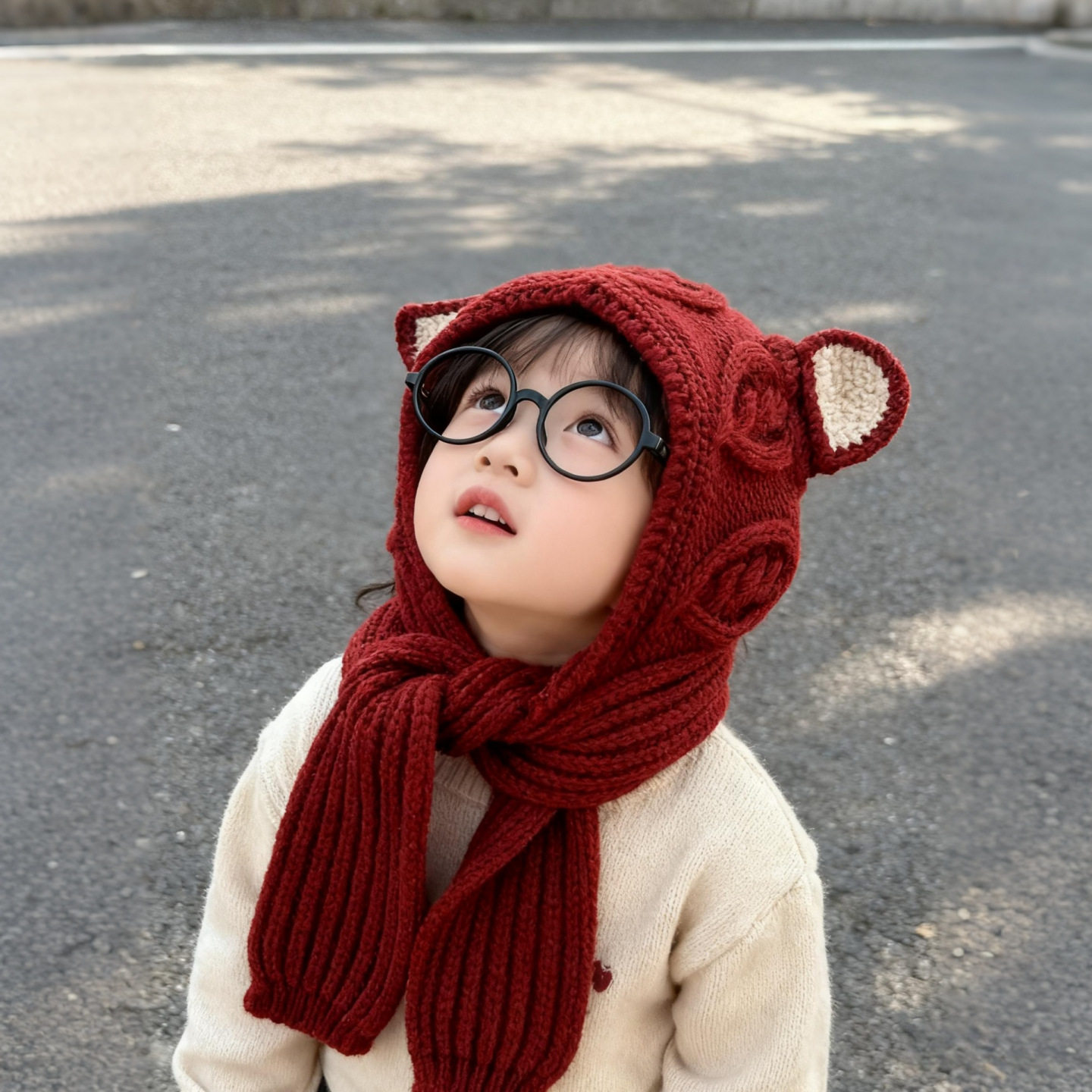 儿童帽子冬季围巾一体帽女童国风新年红帽男童加厚保暖针织毛线帽,淘宝优惠券,粉丝福利购,淘宝优惠卷