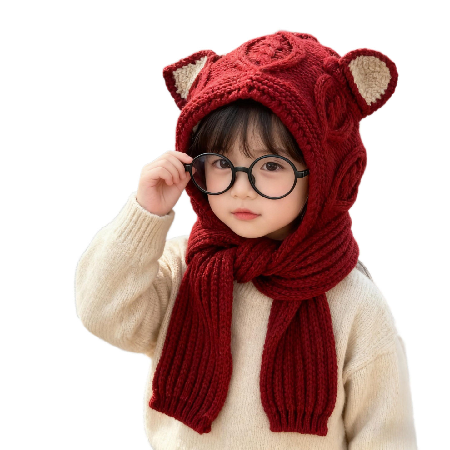 儿童帽子冬季围巾一体帽女童国风新年红帽男童加厚保暖针织毛线帽,淘宝优惠券,粉丝福利购,淘宝优惠卷