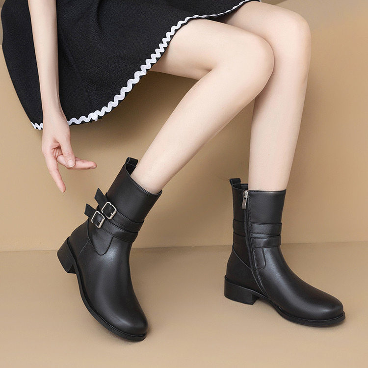 真皮低跟短靴女2025秋冬新款复古中跟女靴百搭马丁靴白色骑士靴,淘宝优惠券,粉丝福利购,淘宝优惠卷