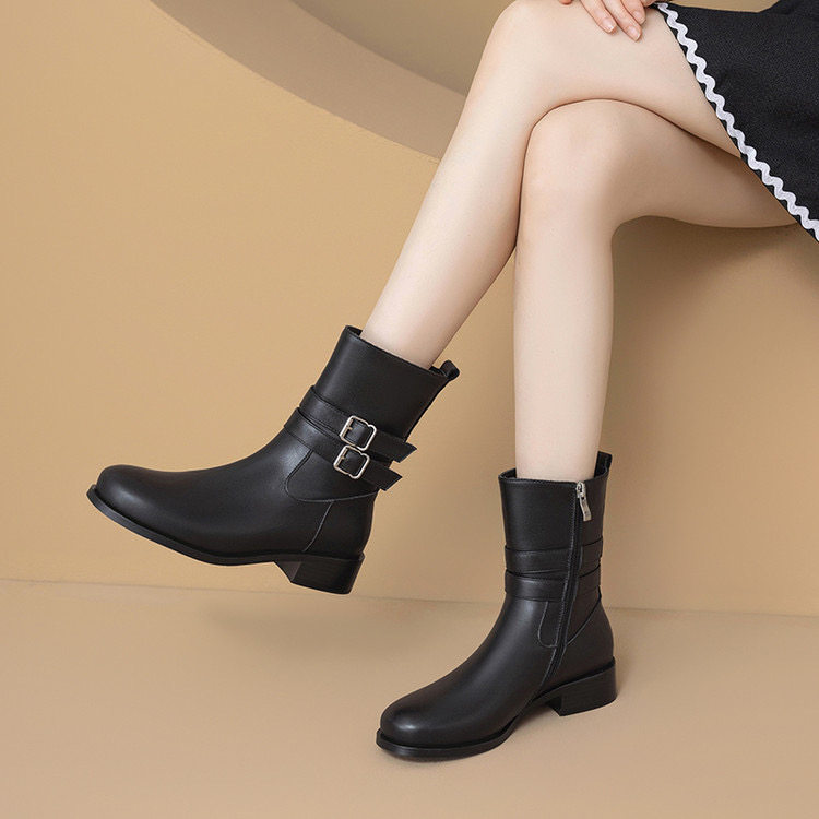 真皮低跟短靴女2025秋冬新款复古中跟女靴百搭马丁靴白色骑士靴,淘宝优惠券,粉丝福利购,淘宝优惠卷