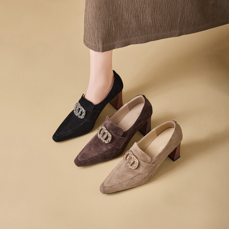 真皮尖头粗跟单鞋女2026新款复古羊反皮女鞋百搭水钻深口高跟鞋,淘宝优惠券,粉丝福利购,淘宝优惠卷