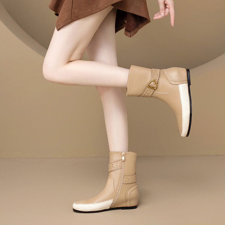 真皮内增高短靴女2025秋冬新款圆头单靴百搭米白色靴子低跟女靴,淘宝优惠券,粉丝福利购,淘宝优惠卷