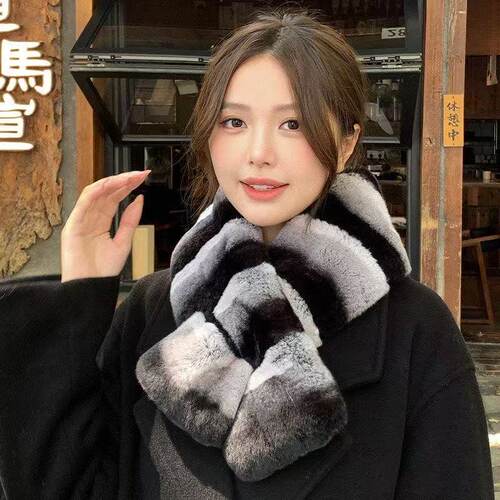 真獭兔加厚双面冬季保暖防寒高级感龙猫青紫蓝围巾围脖男女时尚 - 图2