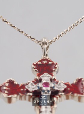 主师原创26款暗黑系纯银加红骷髅双叠加镶嵌纯手工s925十字架项链