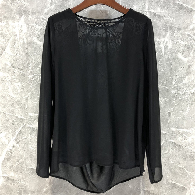 Sexy and elegant 2026 spring and summer style new georgette round neck top, versatile lace splicing long-sleeved sun protection blouse for women