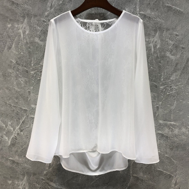 Sexy and elegant 2026 spring and summer style new georgette round neck top, versatile lace splicing long-sleeved sun protection blouse for women