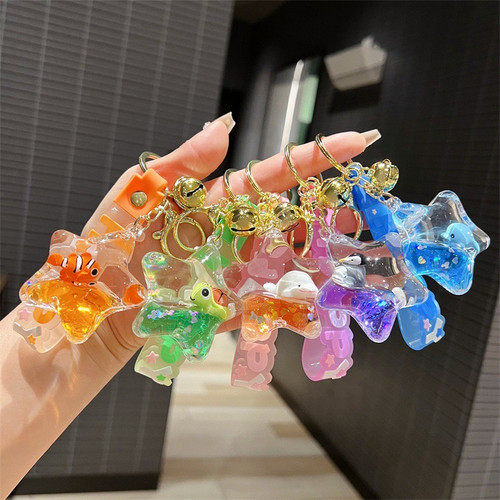 亚克力入油海星海洋动物流沙瓶钥匙扣漂浮公仔丑鱼乌龟小挂件礼品 - 图2