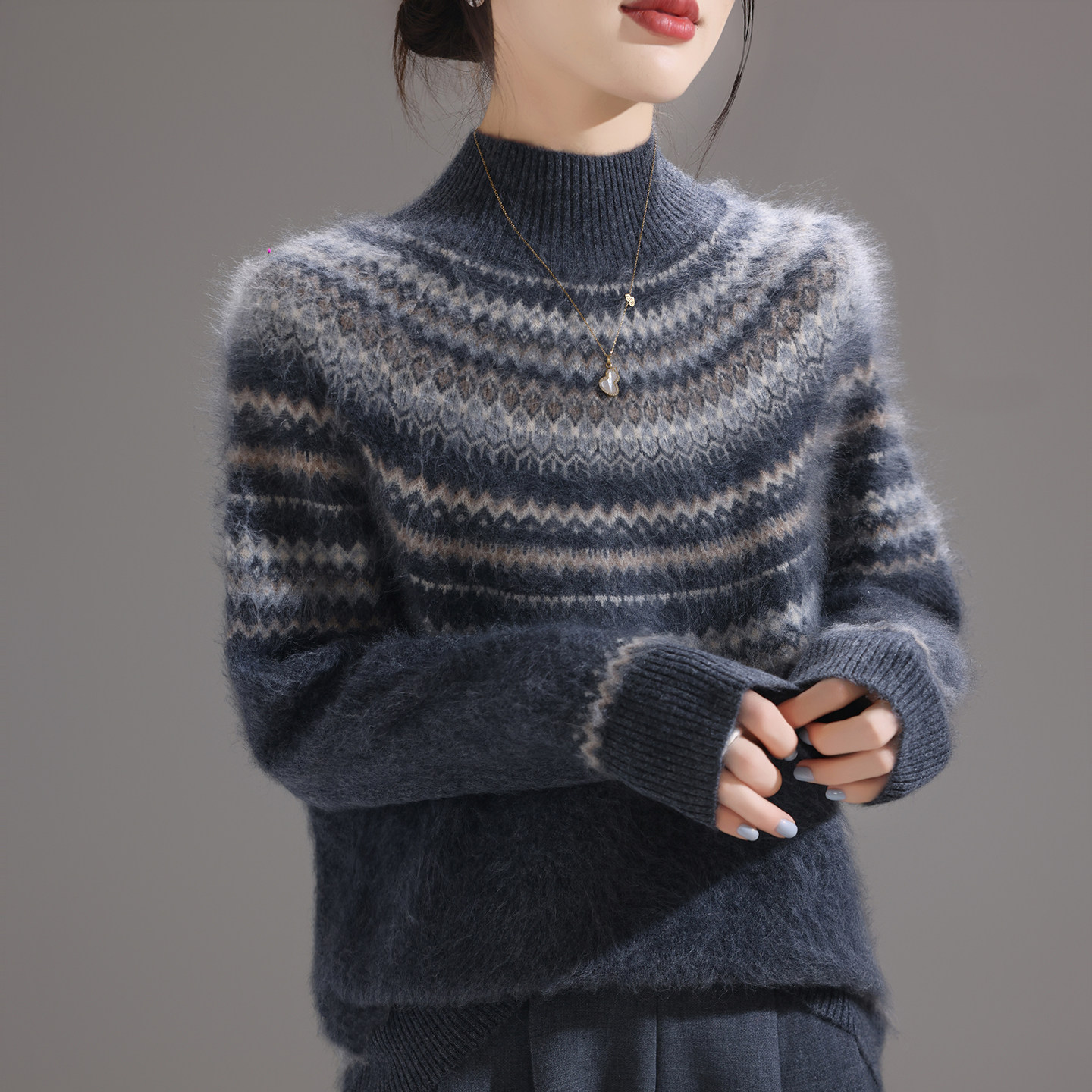 费尔岛提花拉绒羊毛衫女半高领套头拉毛毛衣套装半身裙两件套宽松,淘宝优惠券,粉丝福利购,淘宝优惠卷