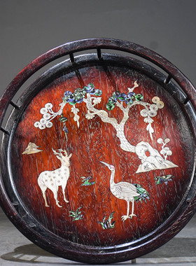 古玩杂项收藏仿古木雕花梨木镶贝壳圆形茶盘托盘收纳盘实木干果盘