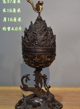 古玩纯铜八宝狮盖香炉大号仿古铜器香薰炉家居茶道风水装饰品摆件