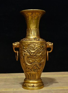 古玩杂项复古珍品回流锦盒内藏铜鎏金镶宝石龙斗双耳花瓶摆件