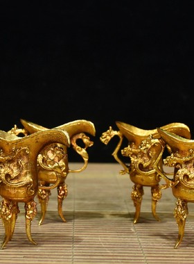 古玩珍品回流锦盒内藏铜鎏金龙头三腿酒杯一套收藏盒