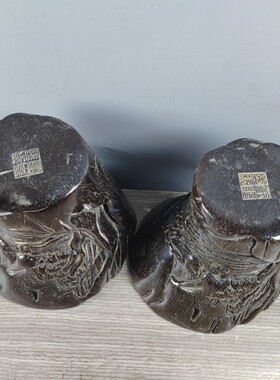 古玩杂项古董老货纯手工雕刻人物图老牛角杯明清旧物件收藏一对