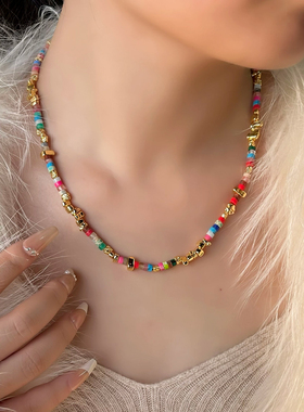 复古彩色石头串珠手项链气质