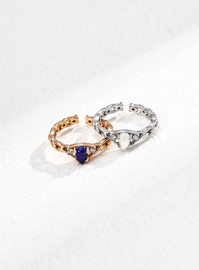 S925银镀18K金天然青金石戒指小众轻奢精品可调节戒圈指环礼物