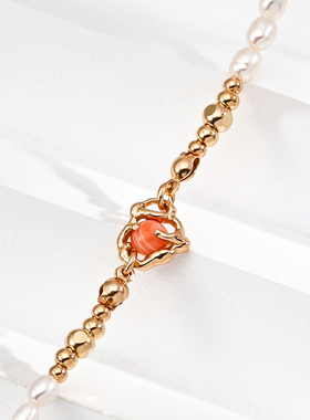 S925银镀18K金天然珍珠红纹石品质项链