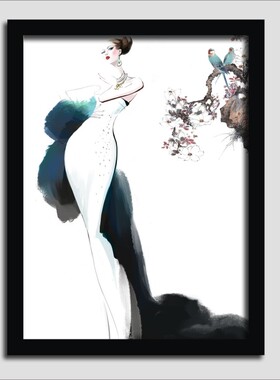 手绘水墨女装店橱窗化妆品艺术画