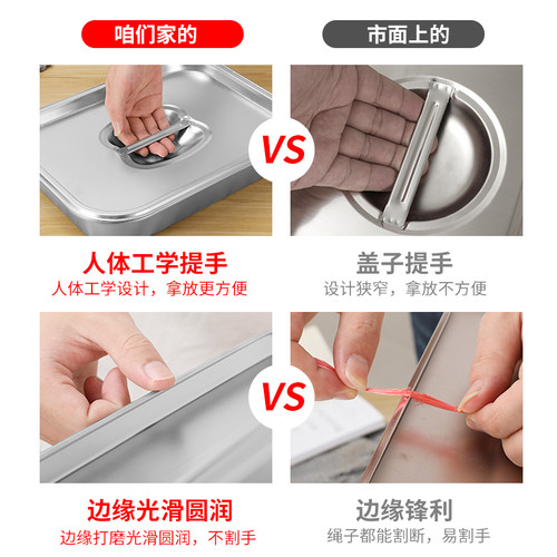 不锈钢平底盆长方形大号餐菜盆饭盆深方盆油炸盆卤菜盆储物盒带盖 - 图0