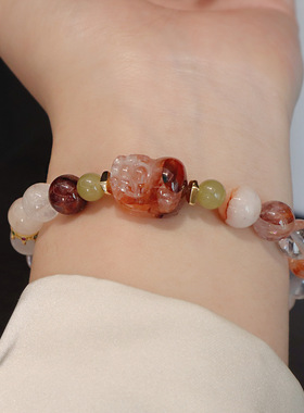 新中式天然水晶手链多宝串珠手串女小众高级感粉水晶红胶花手链