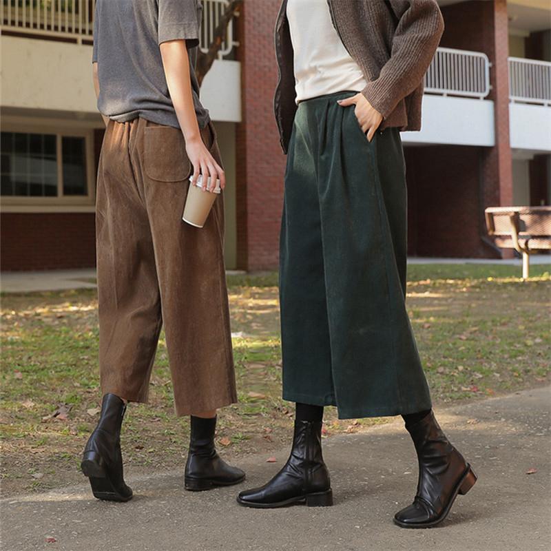 日韩灯芯绒松紧腰宽松阔腿裤女春秋百搭高腰气质七八分裤休闲裤女 - 图1