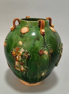 仿古瓷器摆件唐绿釉三彩雕花罐古典艺术品花器家居装饰品摆设古玩