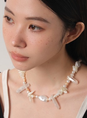 GetEmON原创高级感好运小众珍珠白水晶原石拼接男女串珠锁骨项链