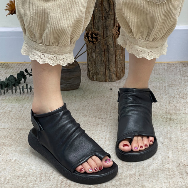 Retro thick-soled women's sandals new summer genuine leather women's shoes handmade low-heeled versatile soft-soled high-top Roman sandals trendy