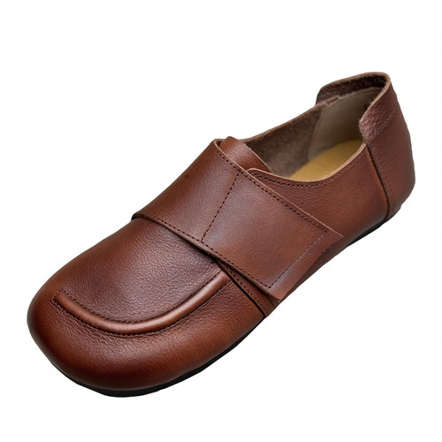 手工真皮单鞋女复古一脚蹬平底软皮软底防滑皮鞋中老年女鞋妈妈鞋 - 图3