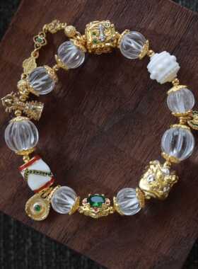 天然白水晶南瓜珠搭配纯铜醒狮桶珠金刚杵方珠手链时尚配饰品手串