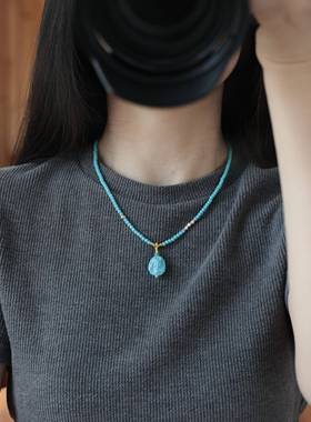 原创设计菱镁矿美人鱼项链文玩时尚吊坠佛珠锁骨链百搭毛衣链礼物