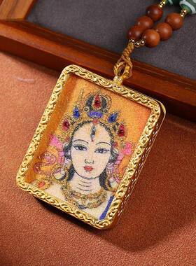 藏传文玩白度母唐卡挂饰手工编绳款民族风唐卡吊坠项链随身饰品