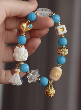 原创菱镁多宝手链搭配牛骨凤九六字箴言桶珠爱心方块天然白水晶