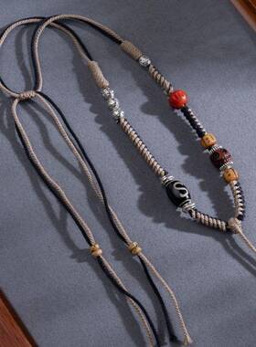 藏式吊坠绳手搓棉线编绳项链佛牌唐卡挂坠绳子女毛衣链铜饰手工