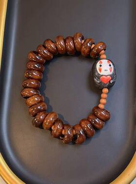 紫金鼠甜甜圈单圈手链搭配鹿角根付无脸男檀木文玩佛珠手串时尚