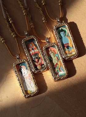 黄铜锤纹手工彩绘扎基药师绿度母凤九唐卡吊坠项坠守护平安财富