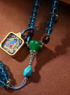 藏传唐卡药师佛108颗佛珠藏式文玩吊坠搭配唐卡民族风吊坠手持