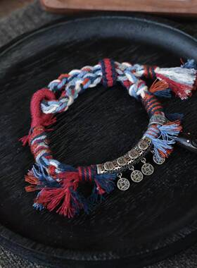 原创设计藏式纯手工编织三七银招财进宝手绳搭配黑檀镶钉阿呆卡子