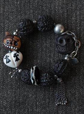 原创设计黑檀桃核手链搭配鹿角根付拉布布爱心三七银国风手串