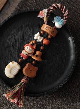 鹿角拉布布搭配桃木小熊二饼帽子象牙果梳子蝴蝶结屁桃创意挂饰品