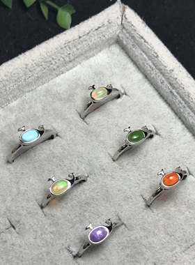 A038天然欧泊/紫龙晶4*6宝石戒指活口可调节铜托非s925纯银戒指ZC